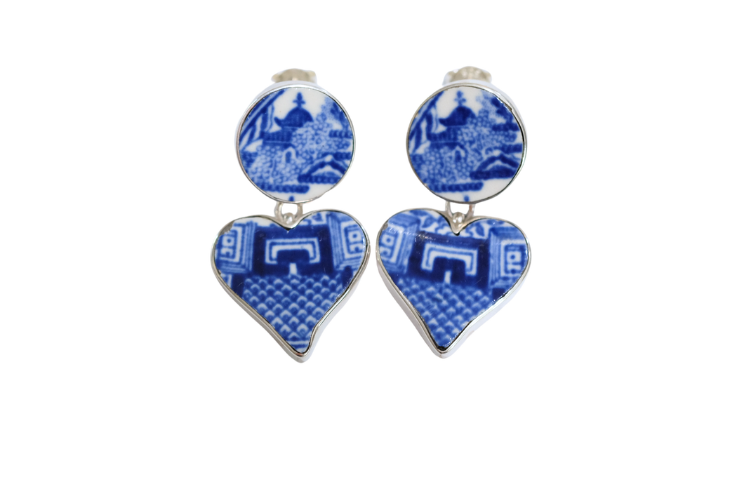 Blue Willow Pagoda Double Dangle Earrings