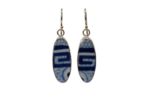 Oval Greek Key Blue Willow Earrings