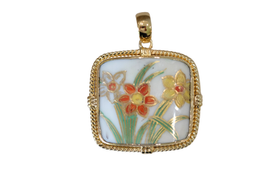 Rectangle Orange and Gold Flowers Pendant