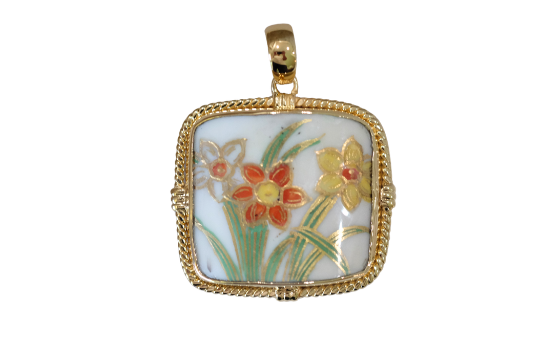 Rectangle Orange and Gold Flowers Pendant