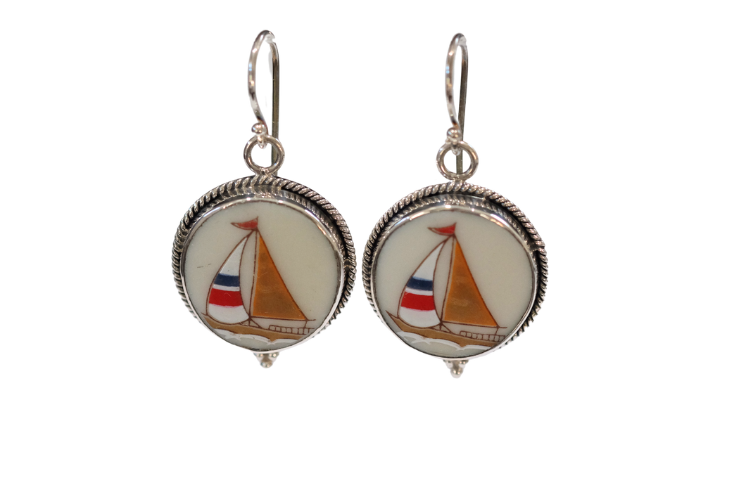 Round Orange Sailboat Earrings