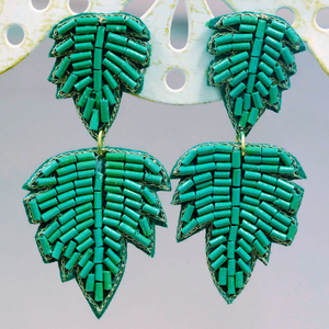 Beaded Palm Leaves Post Dangle Earrings